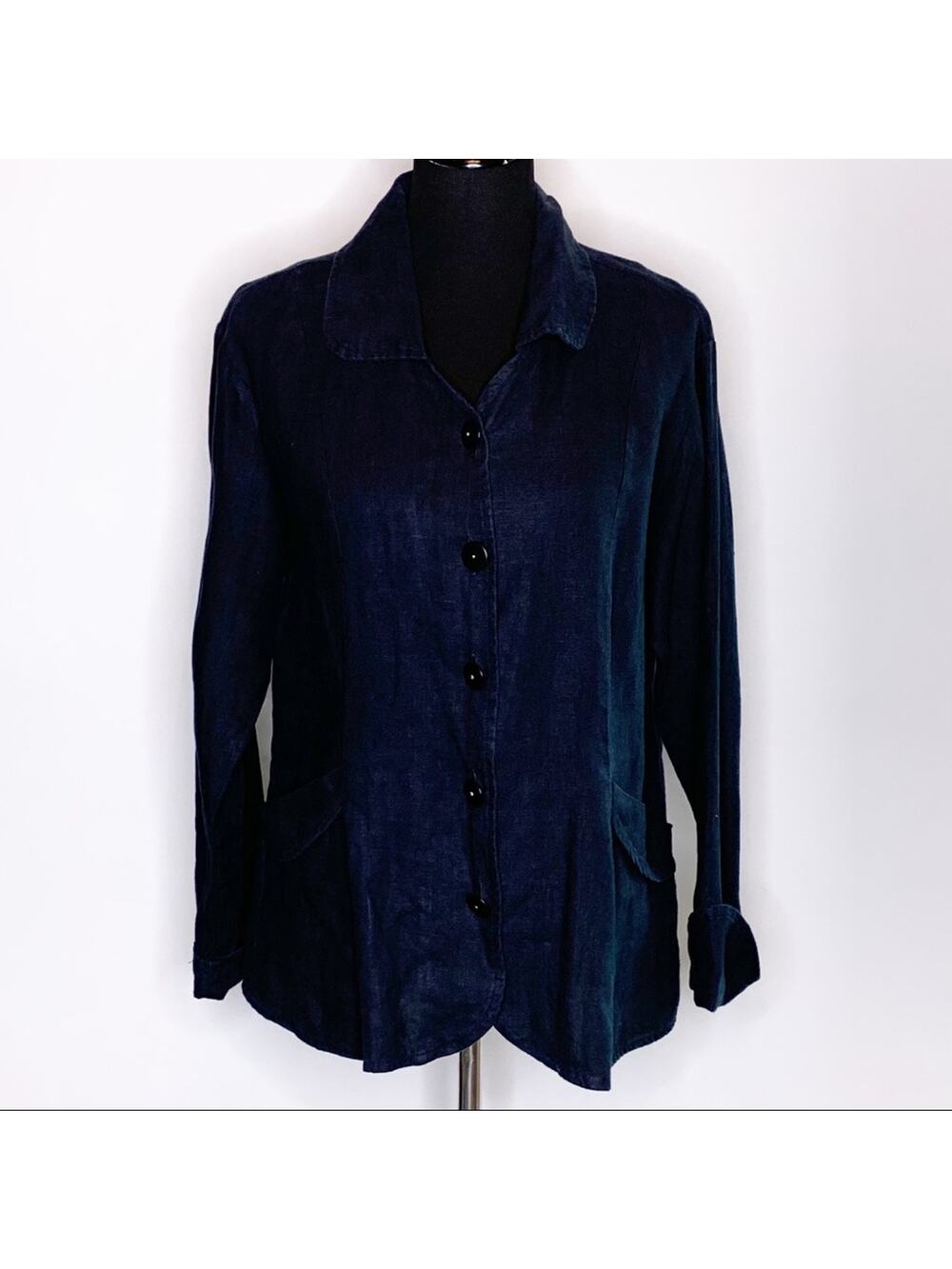 Flax black linen button down jacket / top lagenlook size Small